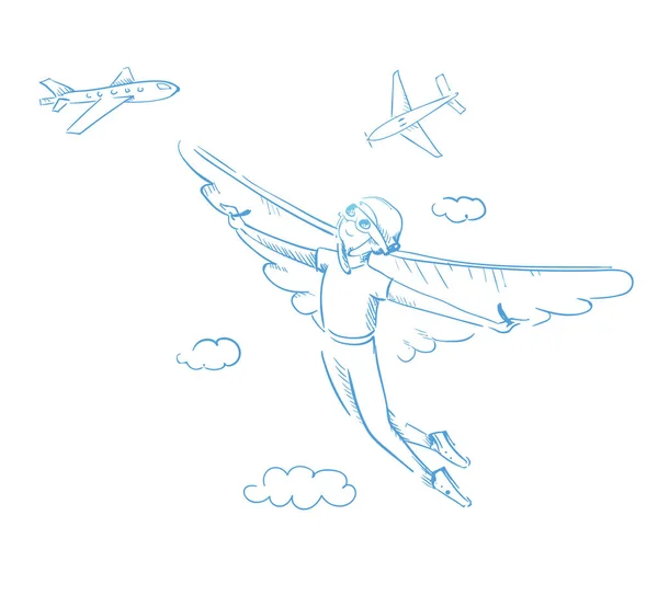 实现一个梦想 一个长着翅膀的男孩朝着他的梦想飞去 概要说明等高线 — 图库矢量图片