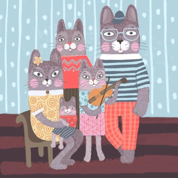 Portrét Kočičí Rodiny Kresba Akvarelem Pro Tisk — Stock fotografie