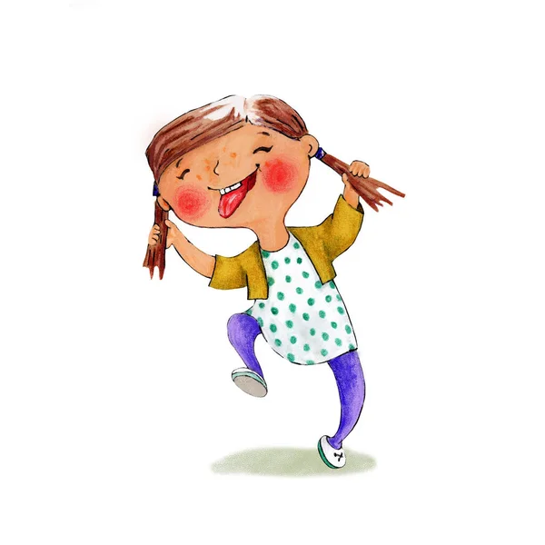 ピグテールを持つ小さな陽気な女の子 鉛筆画シリーズ 幸せな子供時代 — ストック写真
