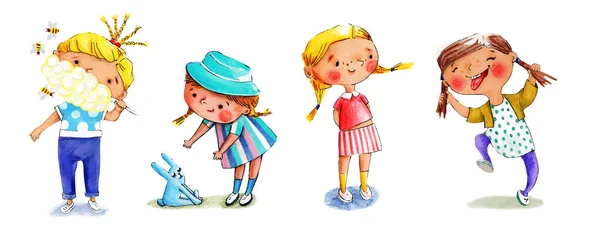 ピグテール 綿菓子 ウサギのおもちゃを持つ小さな陽気な女の子 鉛筆画シリーズ 幸せな子供時代 — ストック写真