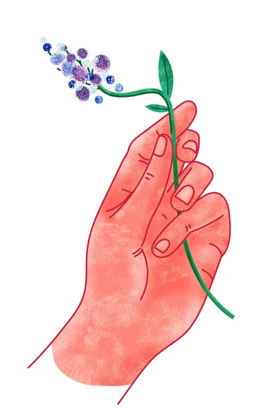 Human Palm Holds Fingers Flower Violet Color Illustration Imitating Painting — Stock Photo, Image