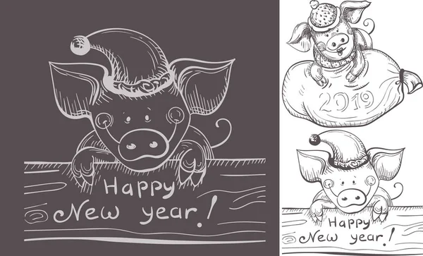 祝您新年快乐 有趣的猪背景设置为铅笔绘图风格 2019年是猪年 2019年新年的象征 黄道带日历 邀请卡和庆祝卡的签名 — 图库矢量图片