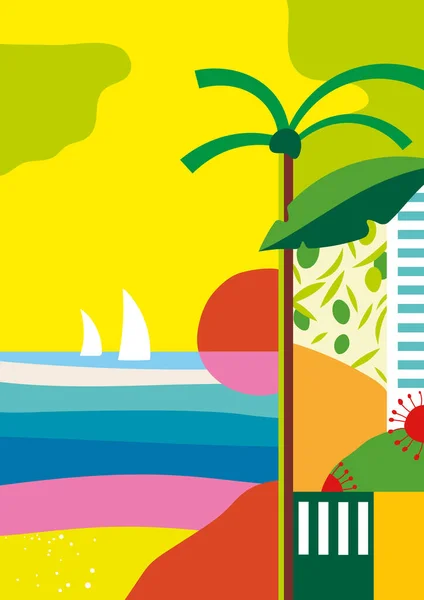 Zee Strand Zon Rust Het Resort Kleur Illustratie — Stockvector