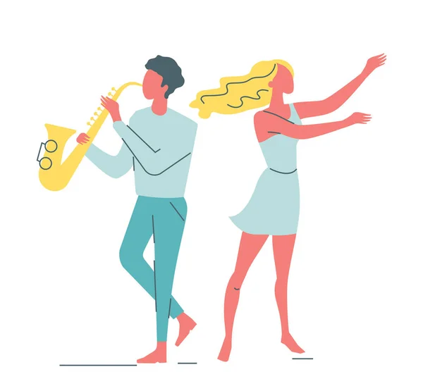 サクソフォンを弾く男 女性がフラットデザインベクトルイラストを踊る ジャズやソウルミュージックを演奏する男 — ストックベクタ
