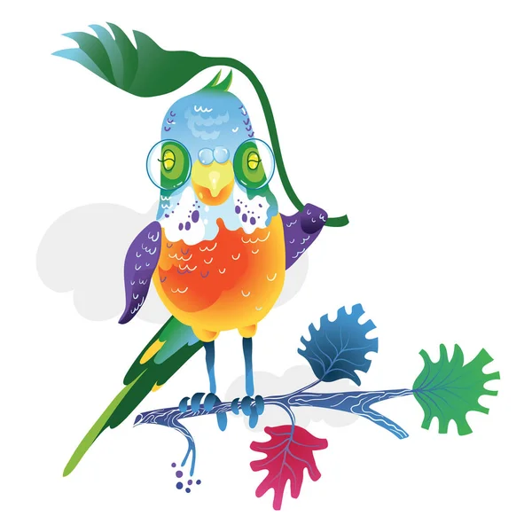 Papuga Tropikalna Liściem Palmy Siedzącym Gałęzi Ilustracja Wektora Koloru — Wektor stockowy