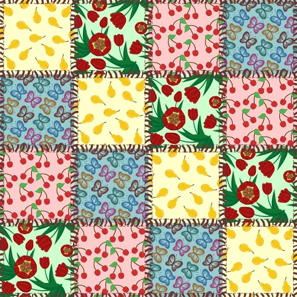 Fondo Patchwork Con Diferentes Patrones — Vector de stock