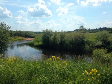 Göl, ağaçlar ve gökyüzü olan güzel bir manzara.