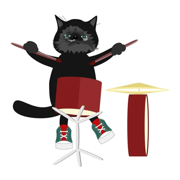 Leuke Cartoon Kat Spelen Drums Witte Achtergrond Geïsoleerd — Stockvector