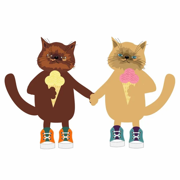 Dvě Pěkné Roztomilé Kočky Zmrzlinou — Stockový vektor