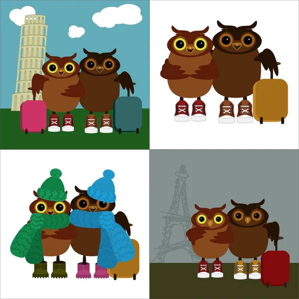 Four Illustration Cute Owls — Stock Vector