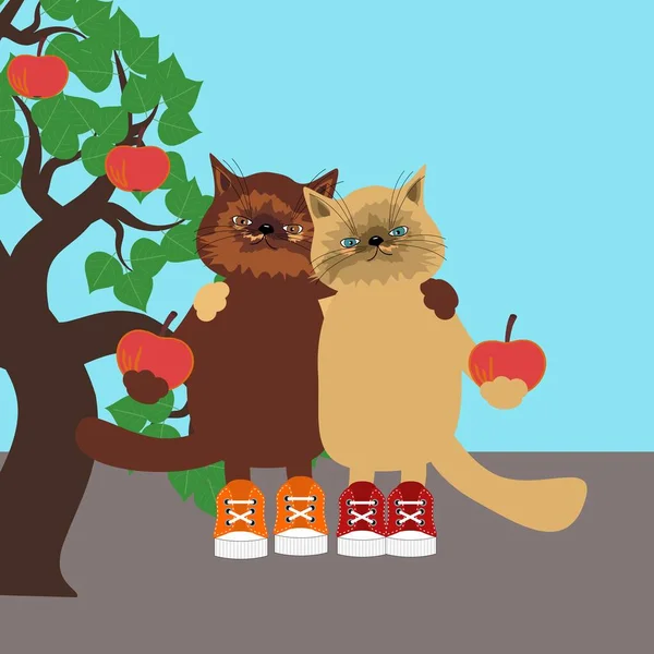 Paire Chats Mignons Avec Des Pommes — Image vectorielle