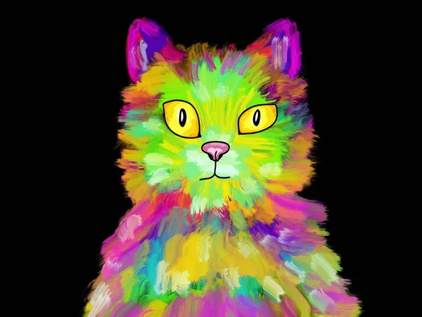 Kot Malowany Farbami Olejnymi Czarnym Tle — Zdjęcie stockowe