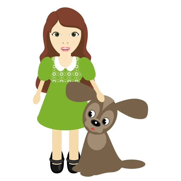 Linda chica con perro sobre fondo blanco — Vector de stock