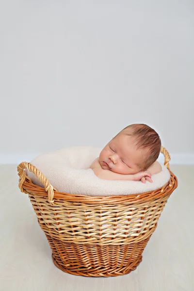 Портрет сплячого новонародженого хлопчика в кошику — стокове фото