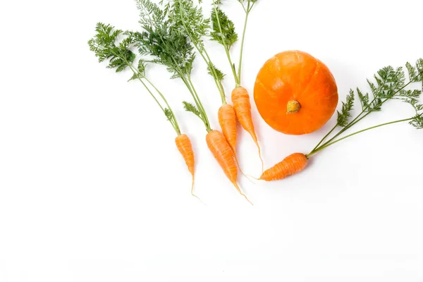 Carote vegetali biologiche con foglie e zucca isolate su fondo bianco — Foto Stock