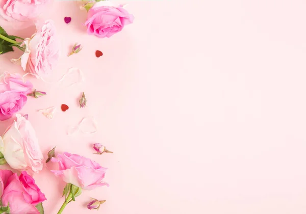 Složení květin. Rám z růžové růže květiny na růžovém pozadí. Byt ležel, horní pohled, kopírovací prostor — Stock fotografie