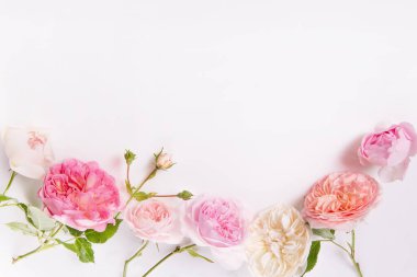 Beyaz ahşap arka planda şenlikli çiçek kompozisyonu. Genel Görünüm