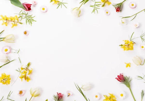 Jarní rám z malých květin a sedmikrásky, květinové aranžmá — Stock fotografie