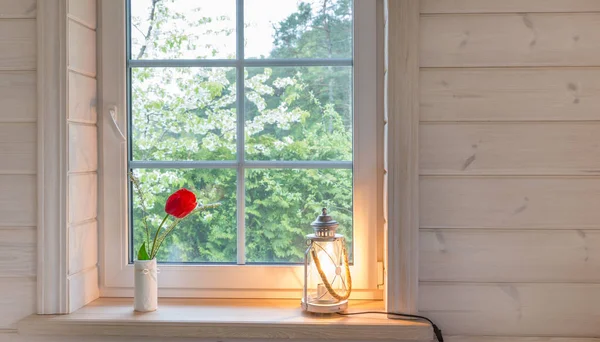 Ventana blanca con mosquitero en una casa de madera rústica con vistas al floreciente jardín de primavera, bosque de pinos. — Foto de Stock