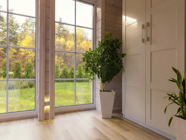 Luminoso interior del estudio de fotos con ventana grande, techo alto, suelo de madera blanca — Foto de Stock