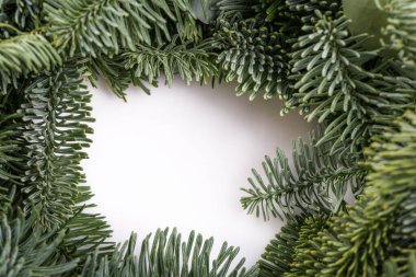 Doğal köknar çerçeve oluşturma minimal kış arka plan, temiz beyaz alan, festival düzeni, bayram karşılama tasarımı, botanik sınır, yazı mevsimsel şablonu, Noel estetiği, yaratıcı projeler için dingin ruh hali