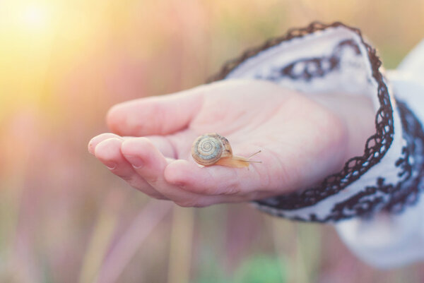 Ребенок держит Улитку в руках. "Пальмы ребенка". Happiness C
