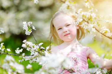 Küçük kız kiraz çiçeklenme içinde Bahçe