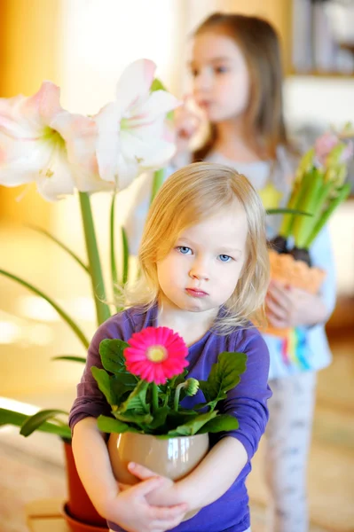 Entzückendes kleines Mädchen, das sich um Pflanzen kümmert — Stockfoto