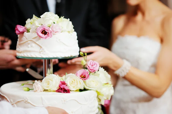 Braut und Bräutigam schneiden Hochzeitstorte — Stockfoto