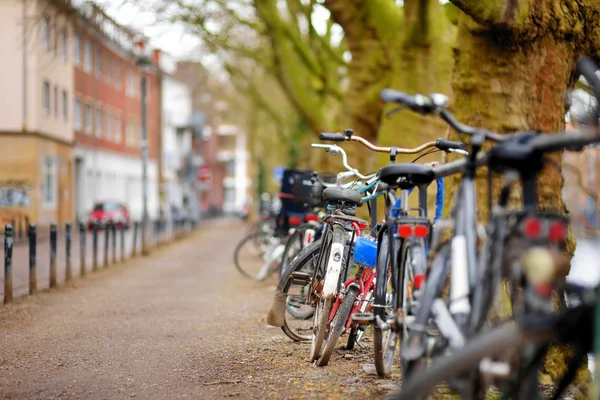 Bicicletas velhas estacionadas por uma calçada — Fotografia de Stock