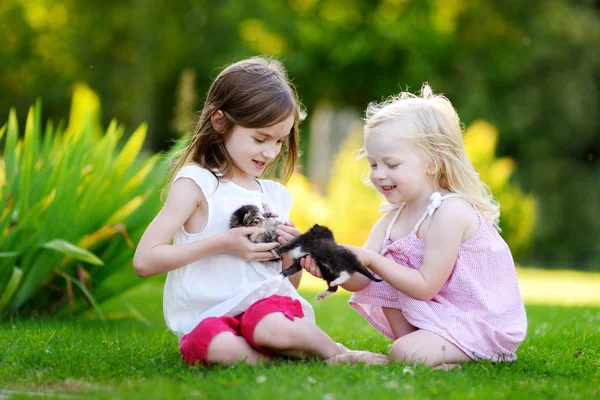 Маленькие сестры играют с котятами — стоковое фото