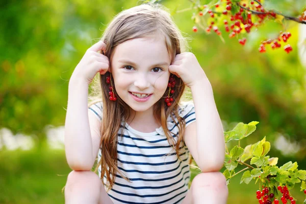 Menina da criança escolhendo groselhas vermelhas — Fotografia de Stock