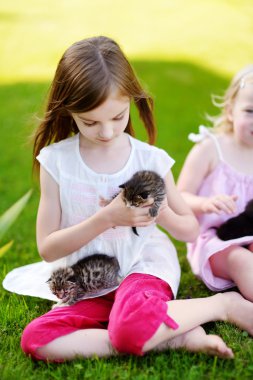 küçük yavru kedi ile oynarken küçük kızlar 