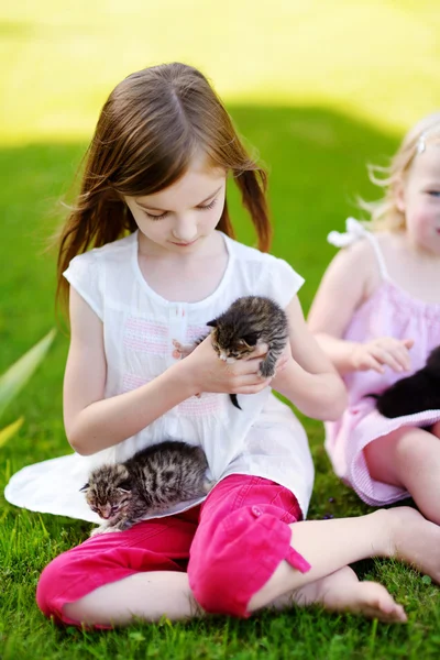 Meninas brincando com pequenos gatinhos — Fotografia de Stock