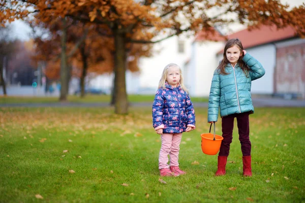 Küçük kızlar meşe palamutları toplamak — Stok fotoğraf