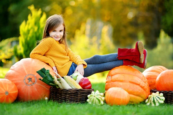 Chica divirtiéndose en un parche de calabaza —  Fotos de Stock