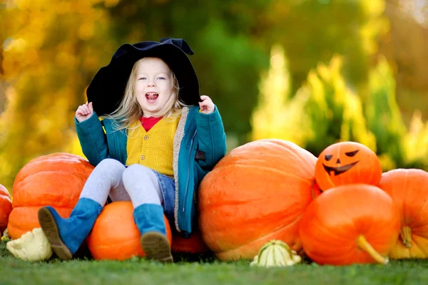 Menina no traje de Halloween em um remendo de abóbora — Fotografia de Stock