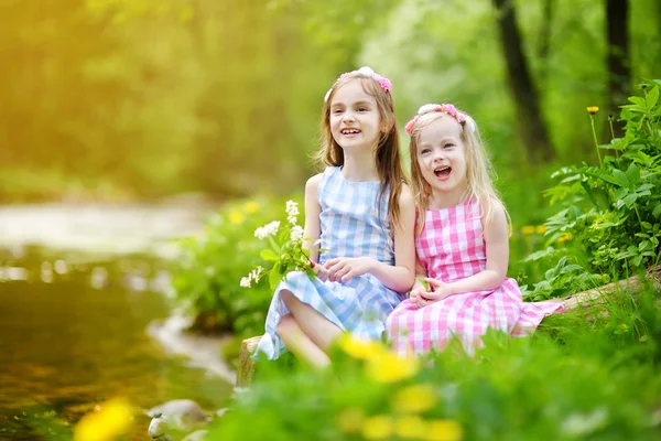 Zwei kleine Schwestern spielen an einem Fluss — Stockfoto