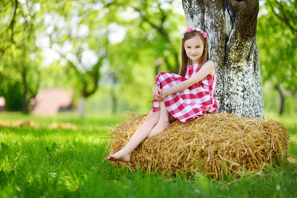 小女孩坐在干草堆上 — 图库照片