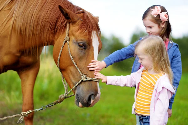 Irmãs acariciando cavalo — Fotografia de Stock