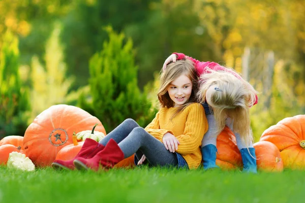 Sisters having fun on pumpkin patch — Stock Photo, Image