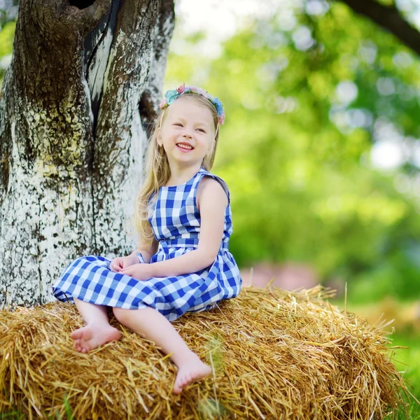 可爱的小女孩坐在干草堆上 — 图库照片