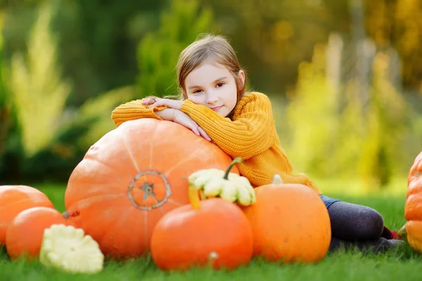 Adorable niña en parche de calabaza — Foto de Stock