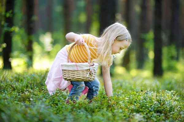 Schattig klein meisje plukken bosbessen — Stockfoto