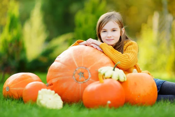 Entzückendes kleines Mädchen auf Kürbispflaster — Stockfoto