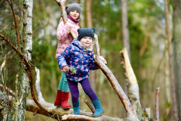 Hermanitas graciosas sentadas en el tronco — Foto de Stock