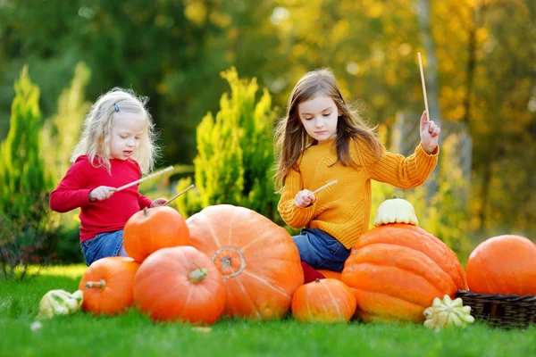 Hübsche kleine Schwestern auf Kürbispflaster — Stockfoto