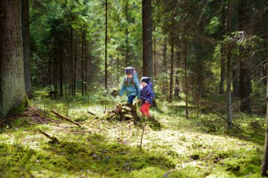 Kız kardeşler orman yürüyüşü sırasında eğlenmek