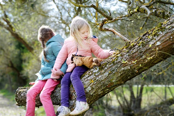 Schwestern sitzen auf einem Baumstamm — Stockfoto