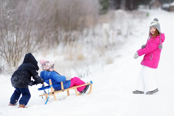 Enfants appréciant la randonnée en traîneau — Photo